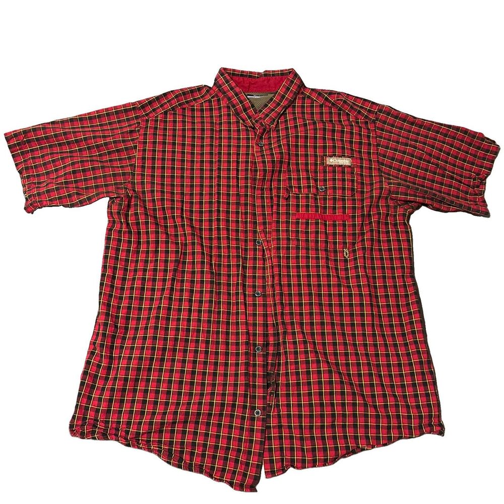 Columbia PHG Mens Short Sleeve Red/Yellow Plaid Vented Casual Shirt XXL